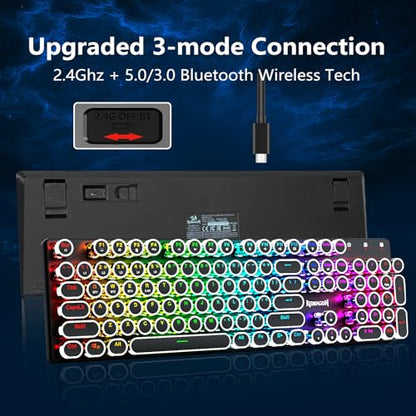 Redragon K710 Wireless Typewriter Style Mechanical Gaming Keyboard, Black | Bluetooth/2.4Ghz/Wired Tri-mode, RGB Backlit, Rechargeable Battery, Clicky Blue Switch, Solid Metal Panel, Round Keycaps