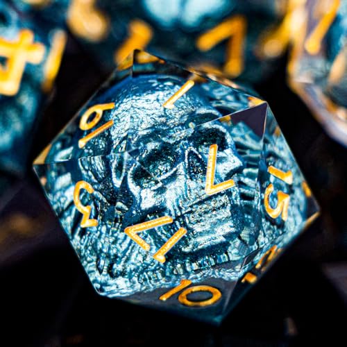DND Skull Dice Set 7PCS Necromancer Polyhedral Dice for Dungeons Dragons RPG Role Playing Game, Resin Sharp Edged D and D Dice with Gift Box D6 D8 D10 D12 D20 (Navy Blue) - color: Navy Blue&gold