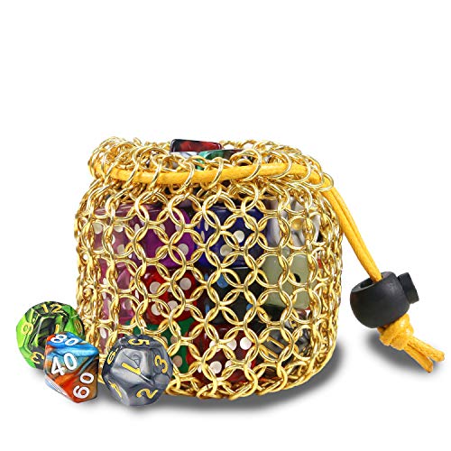 YOUSHARES Chainmail D&D Dice Bag for Dungeo and Drago Drawstring Stainless Steel Dice Bag Dice Set (Hold 42 DND Dice, Gold) - color: Gold