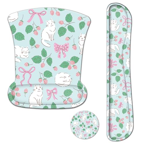 AIMSA Ergonomic Keyboard Wrist Rest and Mouse Pad with Wrist Support, Cute Memory Foam Mousepad Set for Computer, Laptop, Gaming and Office, Easy Typing, Pain Relief,Pink Bows - color: Bows and Kittens