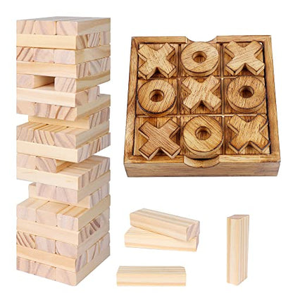Glintoper Tic Tac Toe & Tumble Tower Blocks Tables Game Set, Classic Wood Stacking Game & XOXO Board Games for Kids Family, Living Room Rustic Coffee Table Decor, Travel Strategy Board Games - style: Tic Tac Toe & Tumble Tower