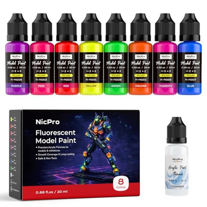 Nicpro 8 Colors Fluorescent Model Paint Set, 20ml Ready to Use Neon Modeling Acrylic Paints, Brush & Airbrush Compatible, Miniature Paint Set for Fantasy, Sci-Fi, Wargaming Figures Crafts with Thinner - style: Fluorescent & Neon