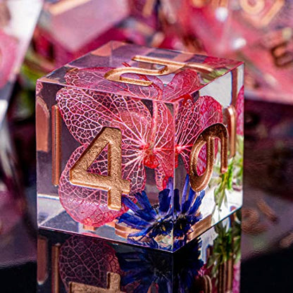 ARUOHHA DND Resin Dice Translucent Pink Leaf Sharp Edged Dragons Dice Set with Box, 7pcs Flower Inclusions Polyhedral Dungeons D and D Dice RPG Role Playing Game D20 D12 D10 D8 D6 D4 - color: Pink - Leaf