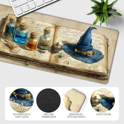 Large Gaming Mouse Pad, Wizard Spellbook Design, 35.4 x 15.7 Inches, Extended Desk Mat - color: Ancient Wizard's Hat and Potion