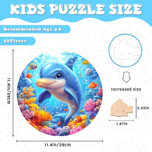 Ocean Wooden Puzzles for Kids - Blue Dolphin (11.4 * 11.4 in) | 50 Piece Puzzles for Kids Ages 6-8, Kids Puzzles with Unique Animal Shapes, Round Gift for Girls and Boys - color: Blue Dolphin