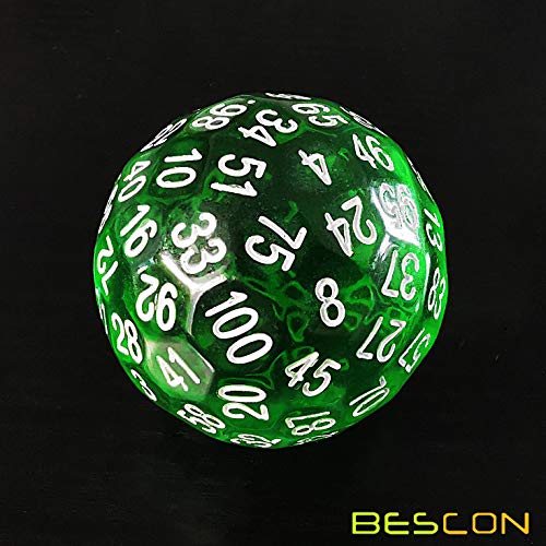 Bescon Translucent Green Polyhedral Dice 100 Sides, D100 dice, 100 Sided Cube, Transparent D100 Game Dice - color: Translucent Green D100