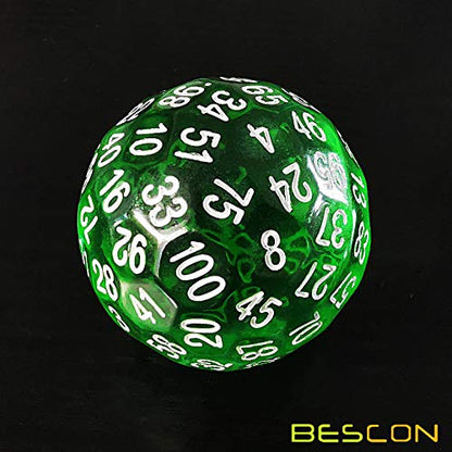 Bescon Translucent Green Polyhedral Dice 100 Sides, D100 dice, 100 Sided Cube, Transparent D100 Game Dice - color: Translucent Green D100