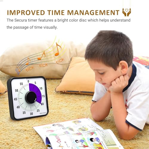 Secura 60-Minute Visual Countdown Timer, 7.5-Inch Oversize Classroom Visual Timer for Kids and Adults, Durable Mechanical Kitchen Timer Clock with Magnetic Backing (Purple) - color: Purple & Black