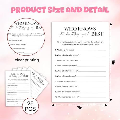 Birthday Party Games, Who Knows Her Best, 25 Pcs Card Set for Guests, Fun Birthday Game for Teen Adults – A05 - color: Who Knows Her Best