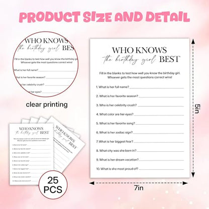 Birthday Party Games, Who Knows Her Best, 25 Pcs Card Set for Guests, Fun Birthday Game for Teen Adults – A05 - color: Who Knows Her Best