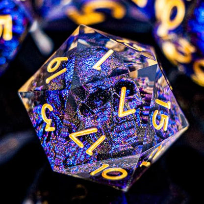 DND Skull Dice Set 7PCS Necromancer Polyhedral Dice for Dungeons Dragons RPG Role Playing Game, Resin Sharp Edged D and D Dice with Gift Box D6 D8 D10 D12 D20 (Blue-Violet) - color: Blue Purple&gold