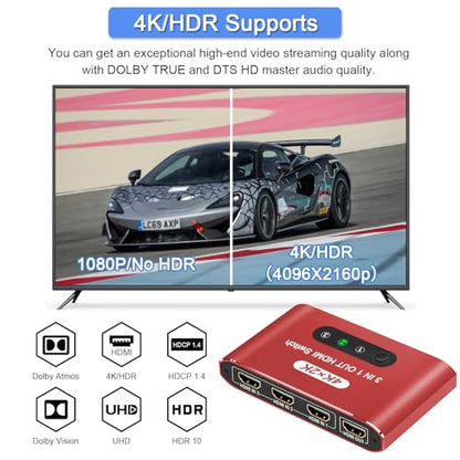 HDMI Switch 3 in 1 Out, 4K@60Hz HDMI Selector with Remote Control, 3 Ports HDMI Switcher, Perfect for Full HD 4K 1080P 3D Video Roku Fire TV Blu-ray Players Stick Apple PS4/PS5 Xbox Chromecast (Red) - color: Red