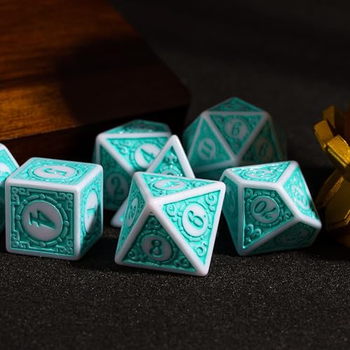 7PCs DND Dice Set, Unique Window Lattice Pattern D&D Dice Set with Leather Dice Bag, Polyhedral Dice for RPG, Table Games (Cyan/White) - color: Cyan With White Edge