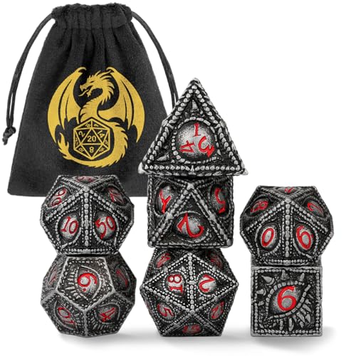 Black Red Dragon Eyes Metal Dice Set, 7 Pcs Polyhedral Dice for DND Tabletop Game, DND Accessory with Dice Bag, Novel Gifts for RPG Players, Dragon Gifts for Men Dad - color: Bronze Metal