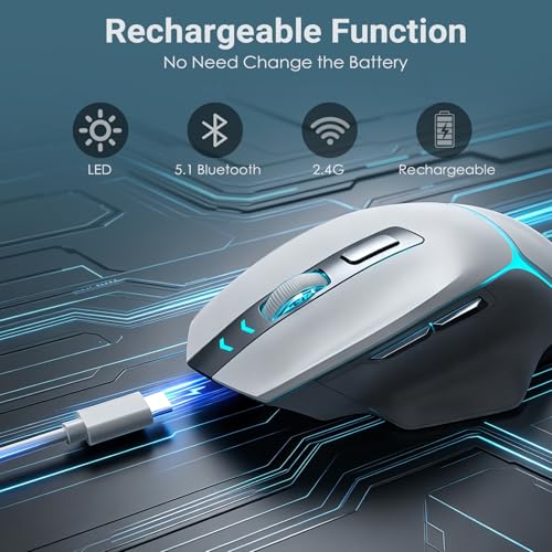 GAMCATZ Bluetooth Wireless Gaming Mouse for Mac & iPad, White 12500 DPI RGB Mouse with Tri-Mode (2.4G/USB-C/Wired), Rechargeable Ergonomic Computer Mice for Laptop, PC & Apple Devices - color: White