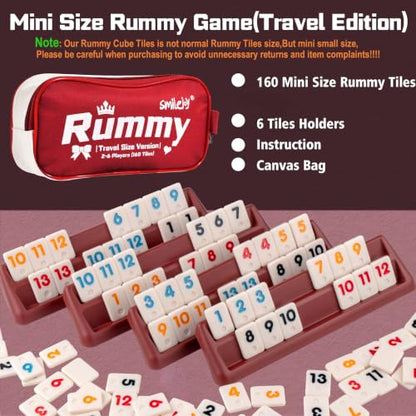 Smilejoy Mini Rummy Cube Six Player Edition, Travel Rummy Game Set with Portable Canvas Bag,Classic Board Game for Adults and Kids |160 Tiles|6 Playing Racks|1 Dice (2-6 Player) - style: Mini (2-6 player)