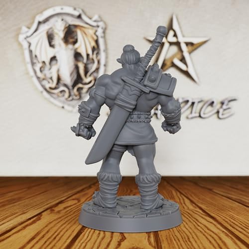 AUSPDICE Heroic Unpainted Fantasy Minis, 32mm Half Orc Warrior Figure-AS406 | Half Orc Warrior with Shoulder Armor and Sheathed Sword for Role Playing, DND, TTRPGs, Dungeon Masters and Tabletop Gaming