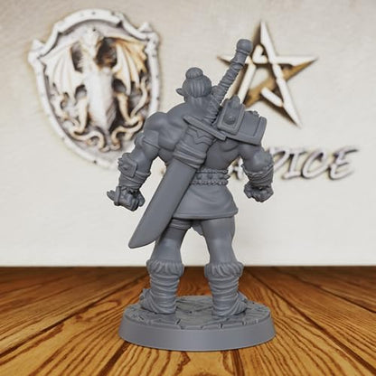 AUSPDICE Heroic Unpainted Fantasy Minis, 32mm Half Orc Warrior Figure-AS406 | Half Orc Warrior with Shoulder Armor and Sheathed Sword for Role Playing, DND, TTRPGs, Dungeon Masters and Tabletop Gaming