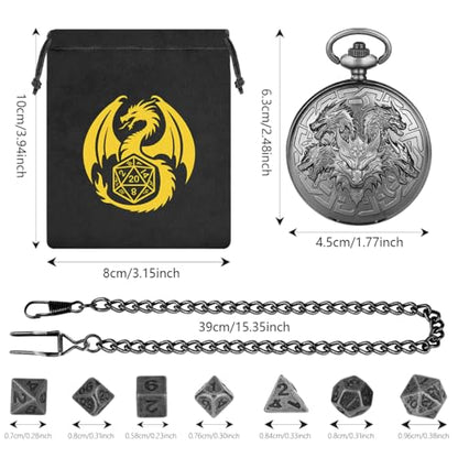 Mini DND Dice Set with Retro Five Dragon Heads Pocket Watch Shell Case, DND Starter Set, 7pcs Polyhedral Mini Metal Dice Set, D&D Gifts with Gift Box, Role Playing Board Game Accessories, Silver - color: Dark Silver