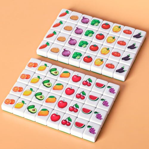 GRACIAS 4 Players Mahjong Block Set, 128 Green Tiles(1.18”) with Animal and Food Pattern, Portable Mahjong Set with A Carry Bag, Mahjong Tile Game - color: Green