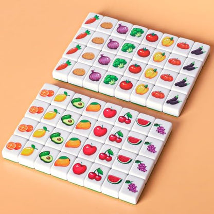 GRACIAS 4 Players Mahjong Block Set, 128 Green Tiles(1.18”) with Animal and Food Pattern, Portable Mahjong Set with A Carry Bag, Mahjong Tile Game - color: Green