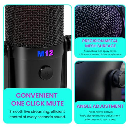 USB Microphone for PC Gaming, Condenser Mic with RGB Gradient, Noise Reduction, Round Stand Desk Podcast Mic for YouTube, Streaming, Podcasting & Recording