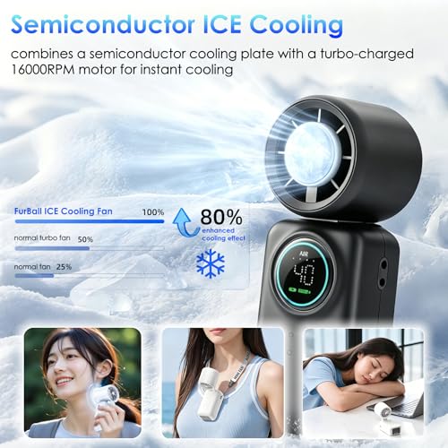 FurBall 4-IN-1 Portable Handheld Fan with Ice Cooling, High-speed Turbo Power 100 Gear Adjustable, LED Display, 6000mAh Rechargeable Battery, Foldable & Quiet Personal Fan for Travel, Office, Outdoor - color: Midnight