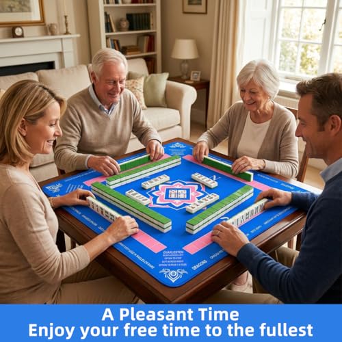 PRETYZOOM 33x33 Inch Mahjong Mat with Drawstring Bag for American Chinese Board Games with Rules, Thick Rubber Non-Slip Square Table Cover, Portable Noise Reduction Edge Stitched Pad, Navy Blue