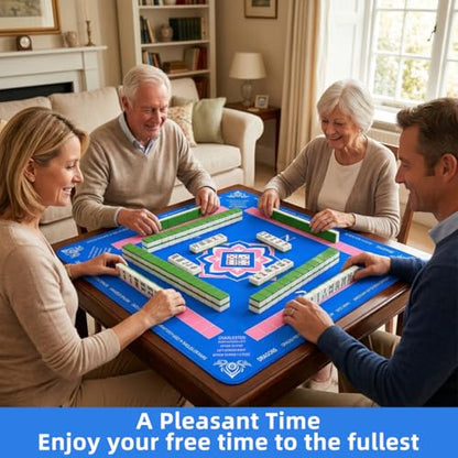 PRETYZOOM 33x33 Inch Mahjong Mat with Drawstring Bag for American Chinese Board Games with Rules, Thick Rubber Non-Slip Square Table Cover, Portable Noise Reduction Edge Stitched Pad, Navy Blue