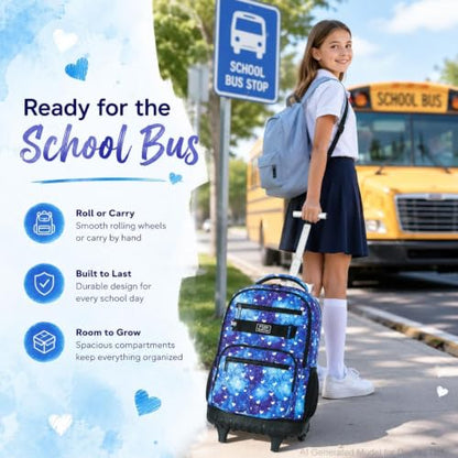 3Pcs Rolling Backpack for Girls Women, Travel Roller Backpacks with Wheels for Adults, Teens College Love Polka Dots Wheeled Bookbag with Lunch Box(Blue) - color: Blue