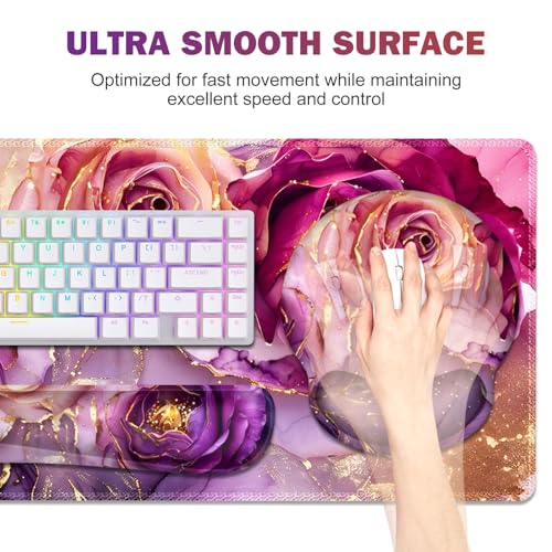 Gaming Mouse Pad Large Desk Mat, Cute Purple Marble Rose Desk Pad Protector | 4in1 XXL Mousepad + Keyboard Wrist Rest+Mouse Wrist Rest+Coaster Set with Ergonomic Desk Pad for Home Office PC,Flowers - color: Marble Rose Purple Flowers