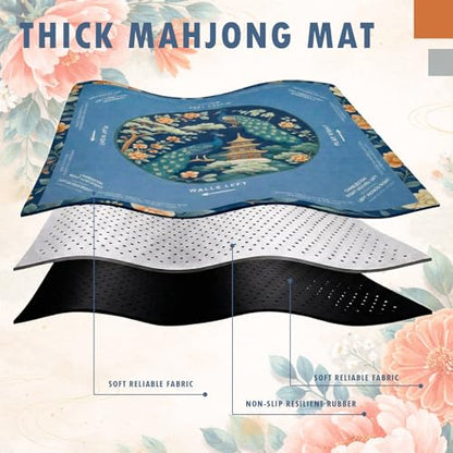 Foilswirl 1 Pcs Mahjong Table Mat Floral Peacock, 33" x 33" Green Chinoiserie Peacock Mahjong Mat Non-Slip Noise Reduction Carrying Bag for Poker Board Card Games Dominoes, Ships Rolled(Vintage) - style: Vintage