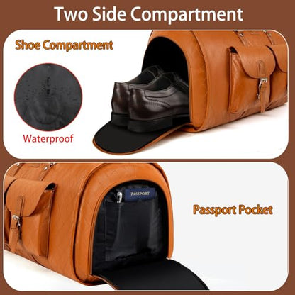 Garment Bag for Travel Convertible Carry on Travel Duffel Bag for Men Women | 3PCS Large Weekender Bag with Waterproof Shoes Pouch 2 in 1 Hanging Clothes Suit Dress Bag Travel Garment Duffel Bag 56L - color: A8-Brown-Faux Leather