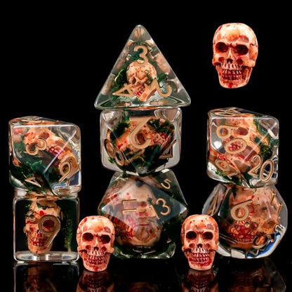 Resin DND Skull Dice Set, D&D Polyhedral Dice for Dungeons and Dragons RPG, MTG Role Playing Games D and D Dice 7pc D20 D12 D10 D8 D6 D4 - color: Skull-2