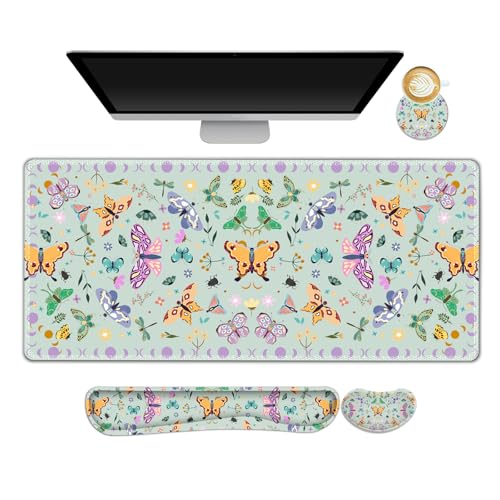 ARTSO Desk Mat Set, Aquamarine Extended Gaming Mouse Pad with Wrist Rest Support +Keyboard Wrist Rest +Coaster, Large Cute Butterfly Mousepad for Office, Home - color: Aquamarine Butterfly
