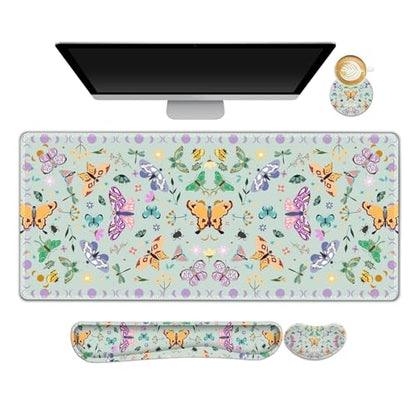 ARTSO Desk Mat Set, Aquamarine Extended Gaming Mouse Pad with Wrist Rest Support +Keyboard Wrist Rest +Coaster, Large Cute Butterfly Mousepad for Office, Home - color: Aquamarine Butterfly
