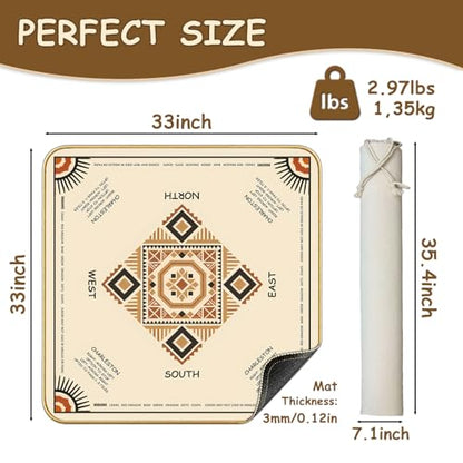 Portable Mahjong Mat with Rules (33"x33"), Ethnic Style Game Mat Noise Reduction Non-Slip, No Creases Rubber Table Mat Cover with Drawstring Bag & 3 Dice for Poker, Card, Tile & Board Game - size: 33*33