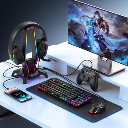 MARVO RGB Headphone Stand Data Transmission, 9 Lights Mode Headset Holder with 1 USB-C & 3 USB Ports & 1 3.5mm Jack Port, Ultimate Gaming Accessories for Gamers for PS, Xbox, PC