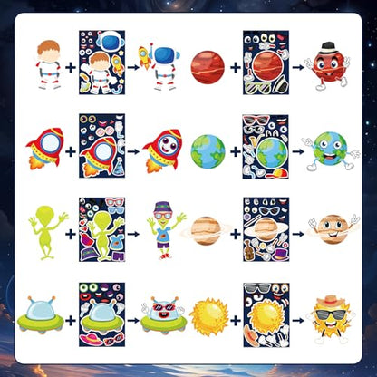 32 Sheet Make Your Own Outer Space Stickers Solar Stystem Astronaut Mix and Match Spaceship Planets Game Stickers for Kids Space Birthday Party Favor Decorations DIY Craft Supplies