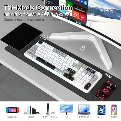 Wireless Gaming Keyboard with Smart Display & Knob Control, Tri-Mode BT5.0/2.4GHz/Wired RGB Backlit Computer Keyboards with Number Pad, 26-Key Rollover, Compatible for Windows, Mac