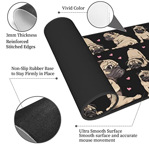 Pug Mouse Pad XL Extended Desk Mat, Computer Mousepad | Cute Black Cool Fuuny Dog Love Non Slip Rubber, Base Stitched Edge, Gaming Pc Large Mice Pad 31.5 x 11.8 Inch - color: Black22