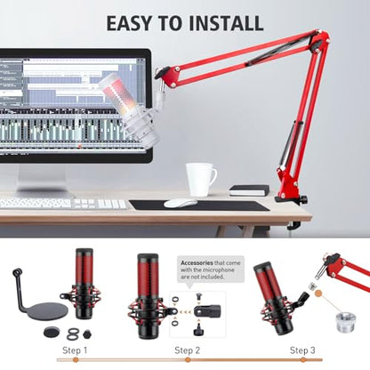 SUNMON HyperX QuadCast Boom Arm - Upgraded Red Boom Arm with Windscreen, Sound Insulation and Noise Reduction, HyperX QuadCast Microphone Arm with 3/8" to 5/8" Adapter - color: Red Quadcast BoomArm