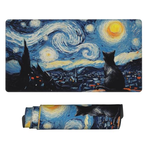 MTG Playmat Starry Night Cat Painting TCG Play Mat Original Hand-Painted Smooth Surface Stitched Edges Non-Slip Rubber Base for Trading Card Games Board Games 23.5x13.6in