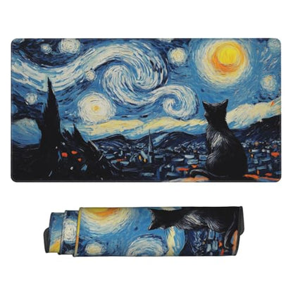 MTG Playmat Starry Night Cat Painting TCG Play Mat Original Hand-Painted Smooth Surface Stitched Edges Non-Slip Rubber Base for Trading Card Games Board Games 23.5x13.6in
