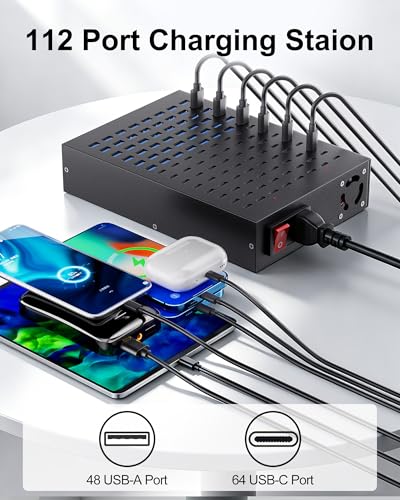 112-Port 800W USB Charging Station, USB C Charger for Multiple Devices, Multi Port Desktop Charging Hub with Smart IC Protection, Ideal for Co-Working Spaces, Libraries, Restaurants & Schools