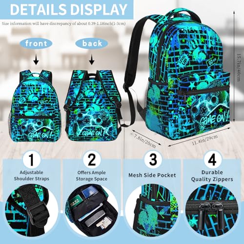 Backpacks For Boys Video Game Boys School Backpack for Kids Children Teens Elementary Middle School Students Bookbag Ages 6-18 Lightweight Travel Back Pack - color: Teal Game