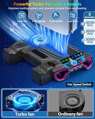Cooling Station with Controller Charging Station for PS5/Slim/Pro Console | Cooling stand and Controller Charger Accessories for Playstation 5 - LED Light, Turbo Fan, Headset Holder, 3 USB Hub, Black - color: Black