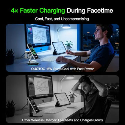 【Adjustable Blue Ambient Light】 Wireless Charger 3 in 1 for iPhone, Magnetic Charging Station for Apple Family,15W Fast MagSafe Charger Stand,for iPhone17-12-iWatch AirPods Series - color: Black