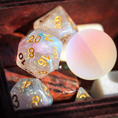 UDIXI Glitter DND Dice Set, Galaxy D&D Polyhedral Dice Set Iridecent Swirls | Pink & Cyan Colors, Gold Number, Velvet Dice Bag Packaging, for Dungeons and Dragons Role Playing Games and Tabletop Games - color: Pink Cyan