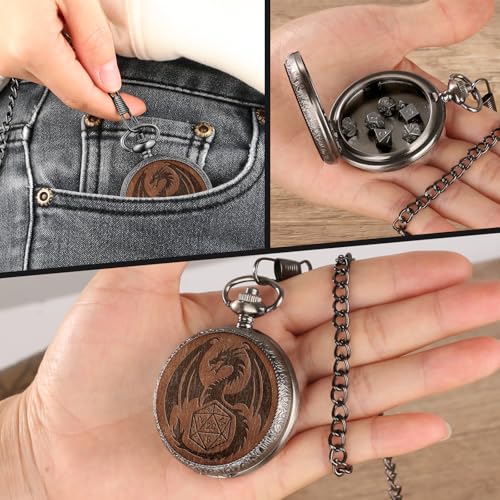 Mini DND Dice Set Wooden Dragon Engraved Pocket Watch Shell Case, 7pcs Polyhedral Metal D&D Dice Set, DND Gifts with Gift Box, Role Playing Board Games Accessories, Silver